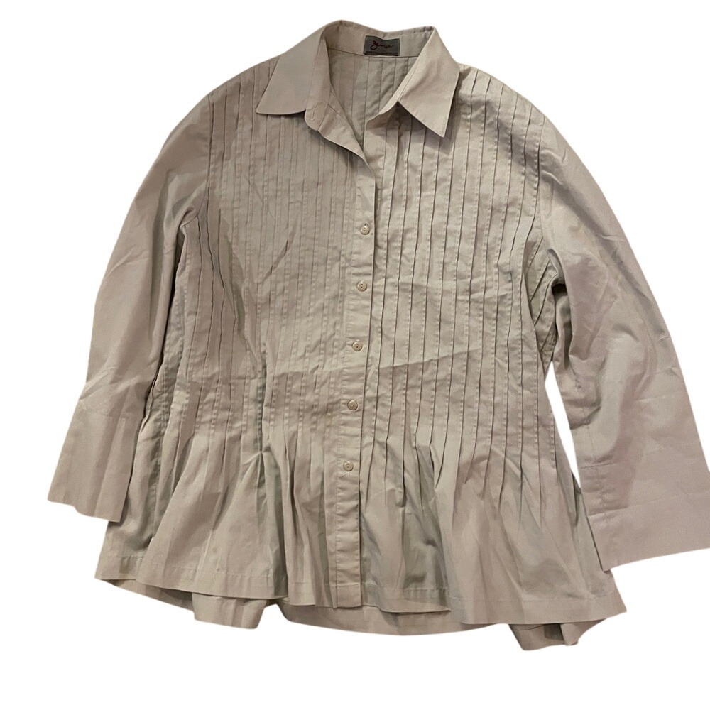 Zina Beverly Hills Taupe Pintuck Pleated Peplum Button Down Blouse‎ 3/4 Sleeve